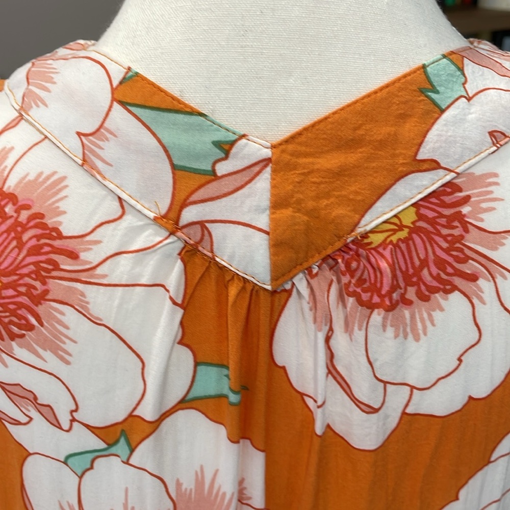C&C California Orange Pink Floral V-Neck Tunic Blouse Elbow Length Sleeve Medium - Picture 4 of 8